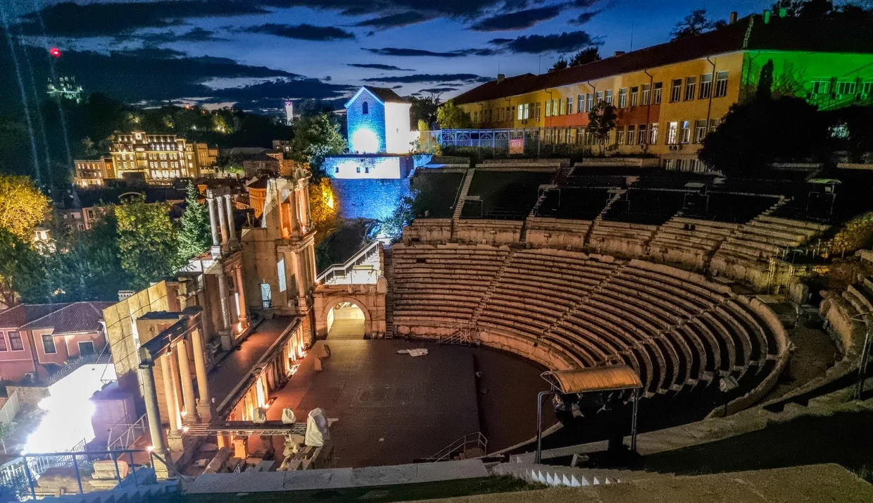 The Roman amphitheater in Plovdiv, lit up at night