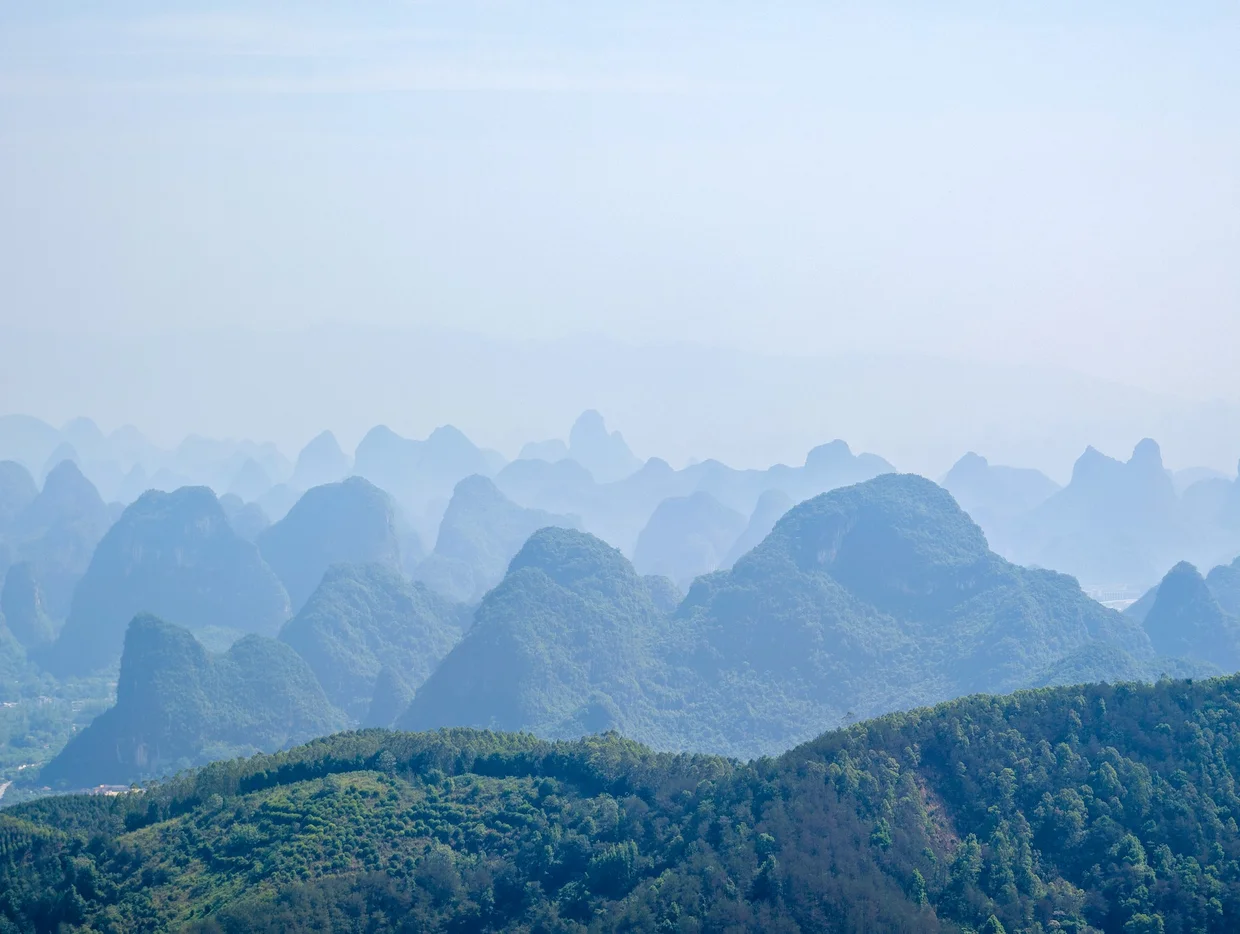 Karst mountains at sunset near Yangshuo
