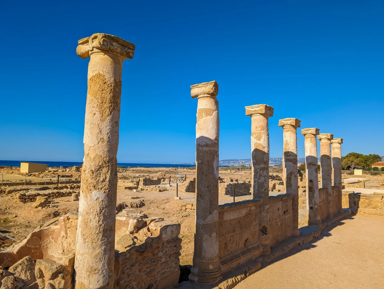 Row of ancient stone columns at the Kato Paphos Archaeological Park