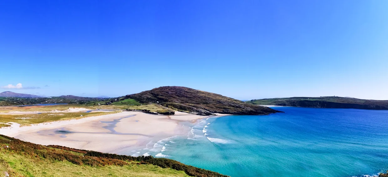 Panoramic view of Barleycove beach with white sand and turquoise water