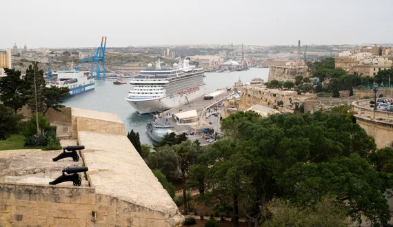 Cruise ship docked with historic cannons in foreground