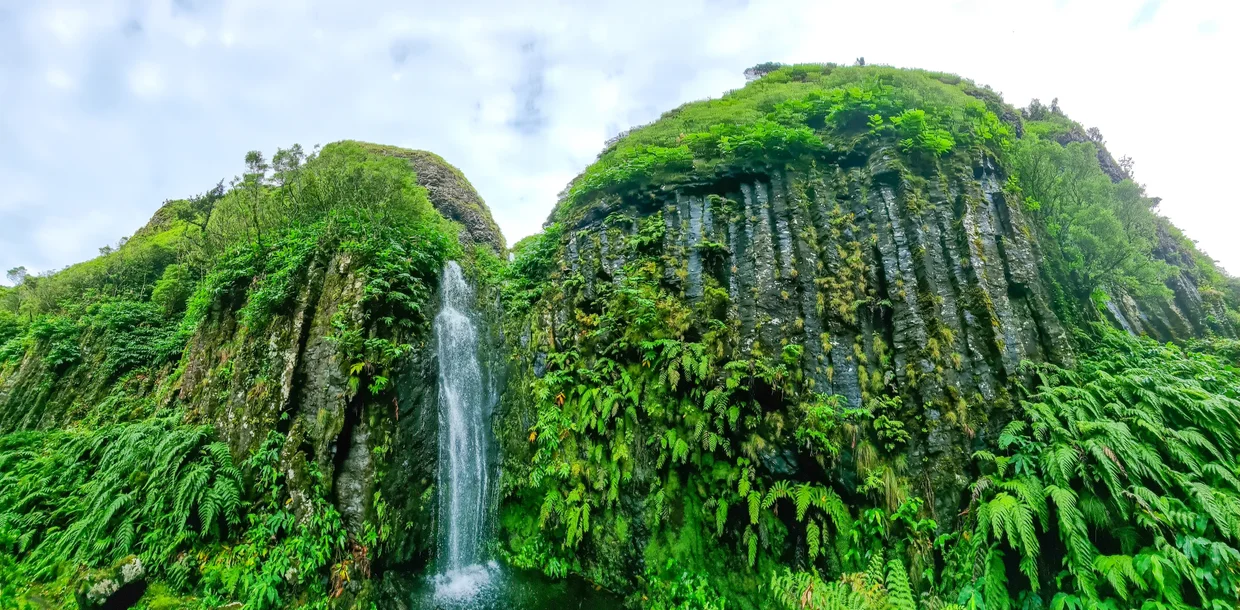 Waterfall dropping between two green cliff faces with basalt columns