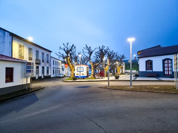 Quiet village square at dusk on a small island