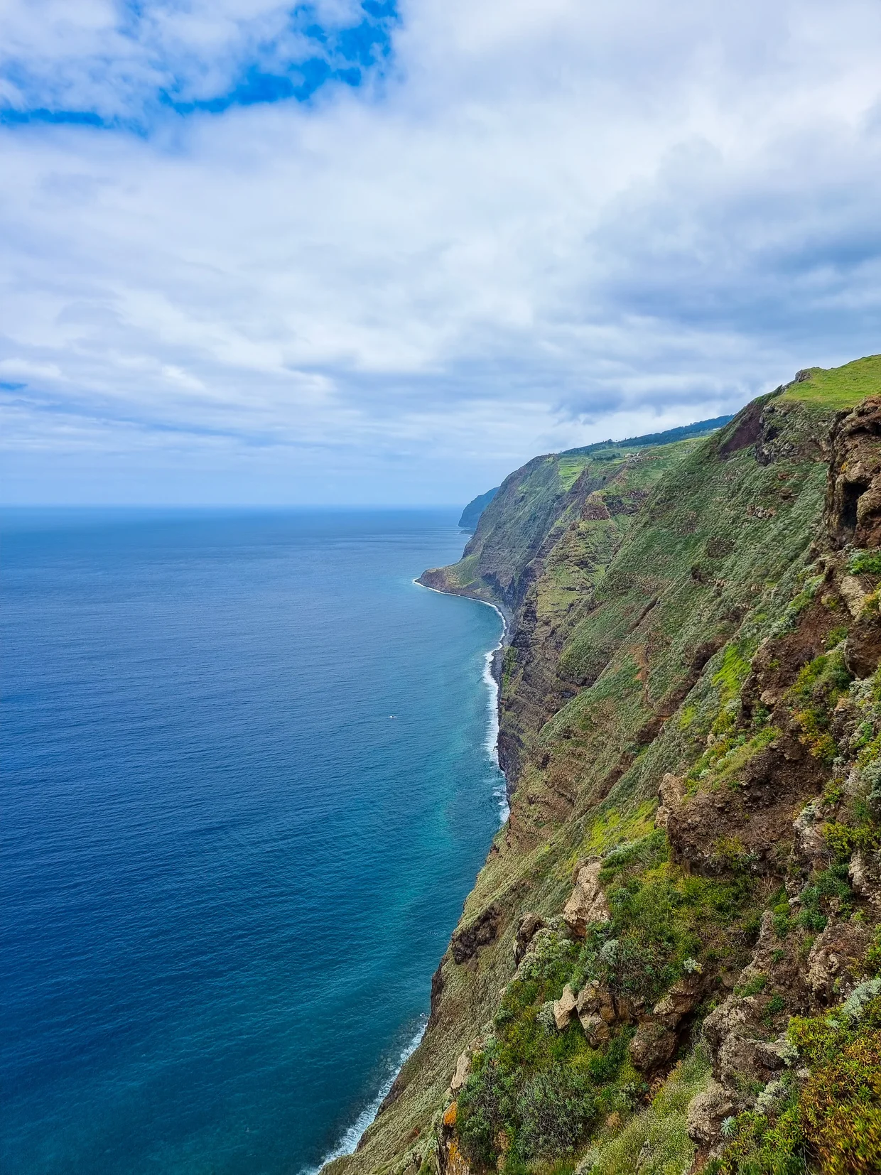 Steep vertical green cliffs plunging into turquoise water on the west coast