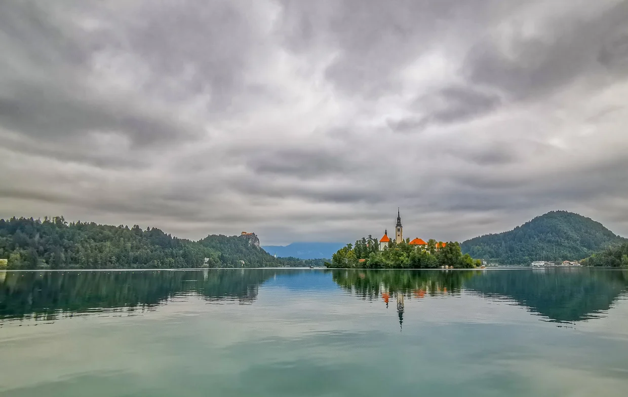 Lake Bled with the island church in the middle of the lake