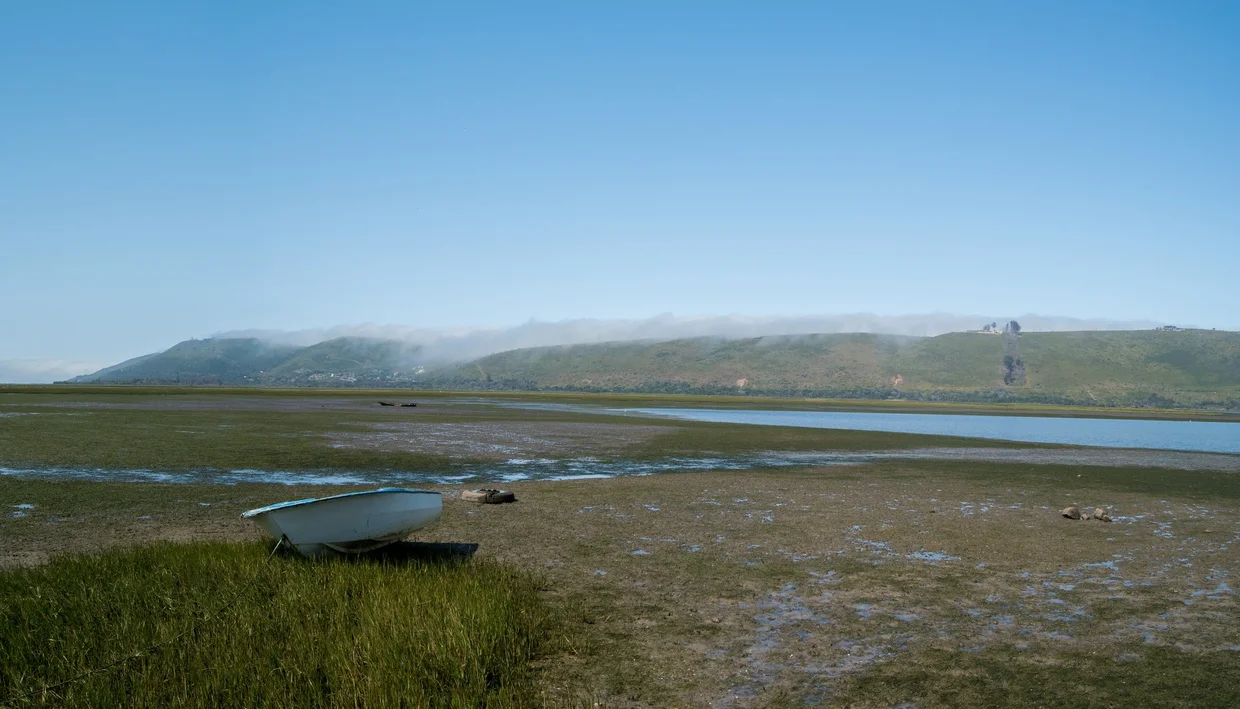 Knysna lagoon at low tide, with a boat resting on the mudflat