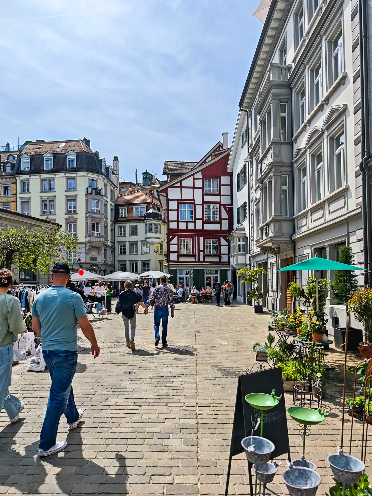 A red half-timbered house on a quiet corner of the old town