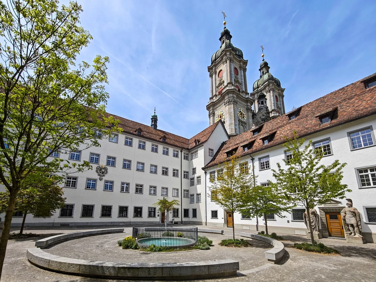 Looking back at the cathedral from inside the abbey courtyard