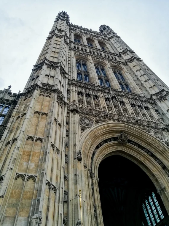 Victoria Tower from below, intricate Gothic stonework