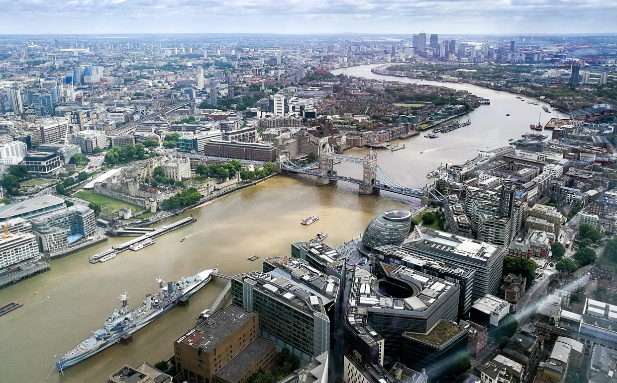 Aerial view of the Thames, Tower Bridge, and the Tower of London from The Shard
