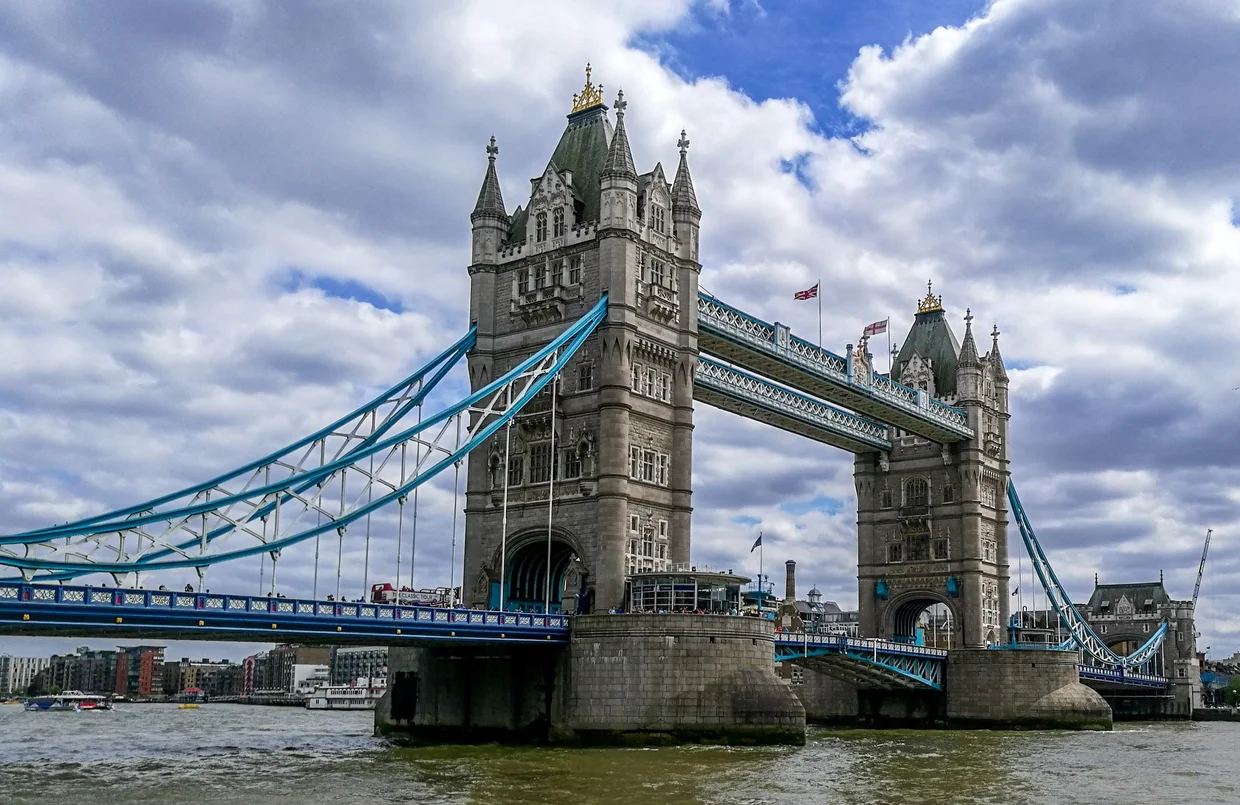 Tower Bridge close-up, the iconic blue suspension bridge with its Gothic towers