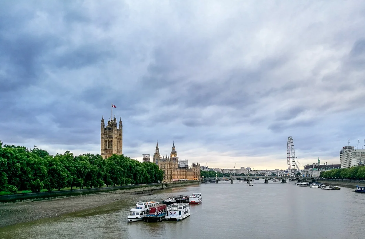 The Thames with the Houses of Parliament, Big Ben, and the London Eye under dramatic clouds