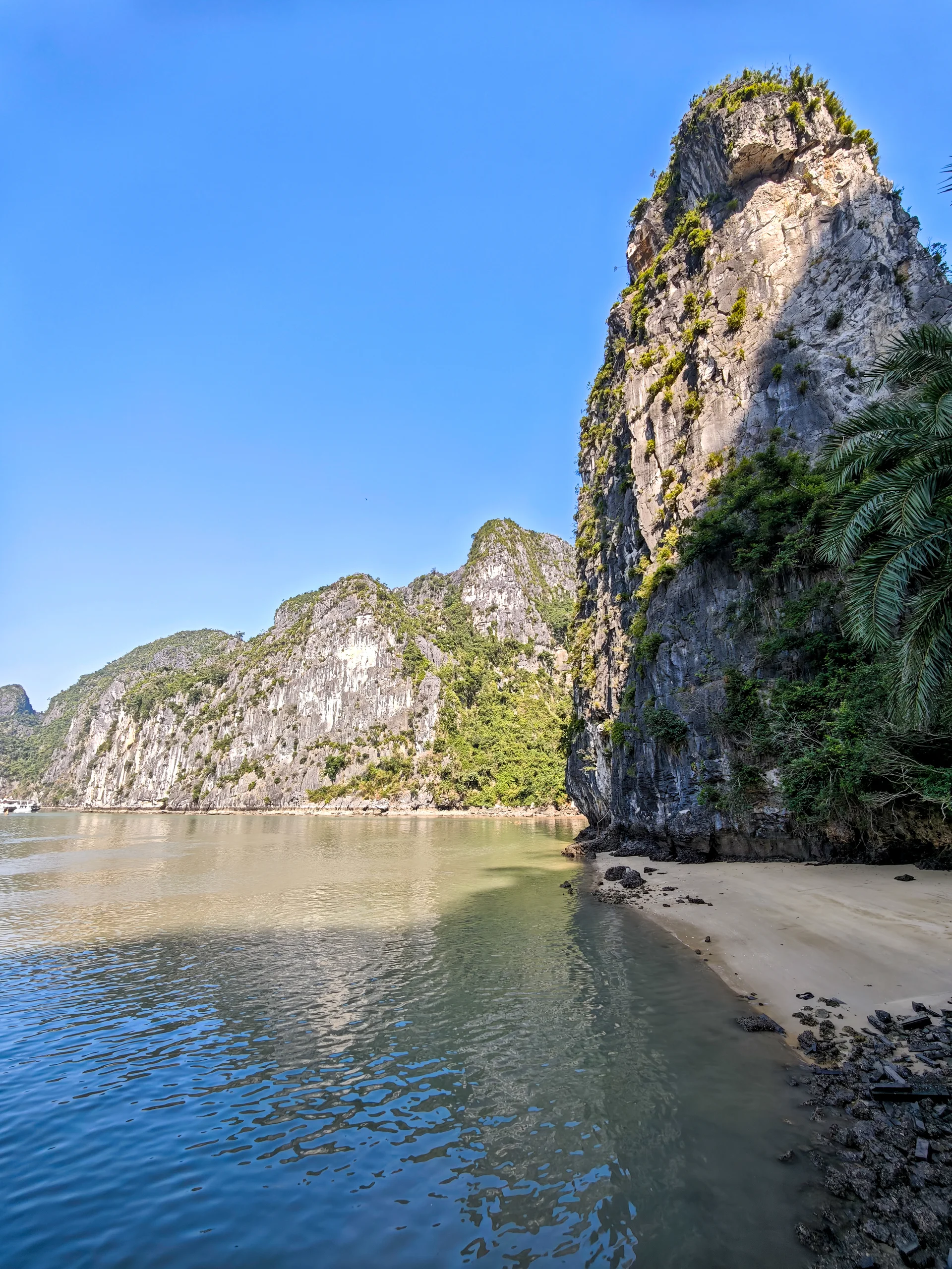 Ha Long Bay limestone pillars covered in greenery emerging from misty water, photographed from a boat